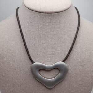 Chico’s Silver Tone Open Heart Pendant Necklace on Leather Cord, 21 Inches